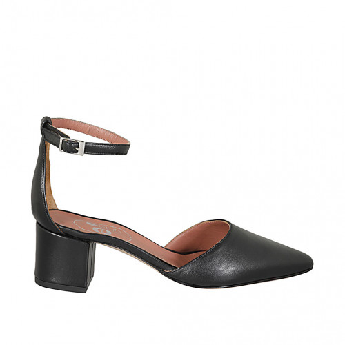 Woman's pointy open shoe with strap in black leather heel 5 - Available sizes:  45