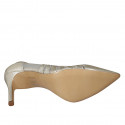 Woman's pointy pump in platinum laminated leather and fabric heel 8 - Available sizes:  31, 32, 33, 42, 43, 44, 46, 47
