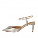 Woman's pointy slingback pump with strap and rhinestone clip-on in platinum laminated leather heel 8 - Available sizes:  44