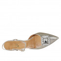 Woman's pointy slingback pump with strap and rhinestone clip-on in platinum laminated leather heel 8 - Available sizes:  44
