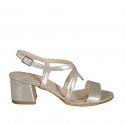 Woman's sandal in platinum laminated and printed leather heel 5 - Available sizes:  32, 33, 44