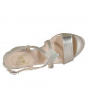 Woman's sandal in platinum laminated and printed leather heel 5 - Available sizes:  32, 33, 44