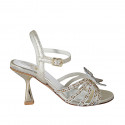 Woman's sandal with strap and rhinestones in platinum laminated leather heel 7 - Available sizes:  33, 34, 42, 45