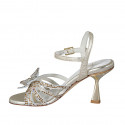 Woman's sandal with strap and rhinestones in platinum laminated leather heel 7 - Available sizes:  33, 34, 42, 45