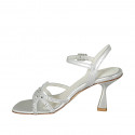 Woman's sandal with strap and rhinestones in silver laminated leather heel 8 - Available sizes:  46