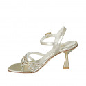 Woman's sandal with strap and rhinestones in platinum laminated leather heel 8 - Available sizes:  42, 46