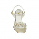 Woman's sandal with strap and rhinestones in platinum laminated leather heel 8 - Available sizes:  42, 46