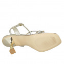 Woman's sandal with strap and rhinestones in platinum laminated leather heel 8 - Available sizes:  42, 46