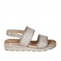Woman's sandal in platinum laminated printed leather wedge heel 3 - Available sizes:  32, 42