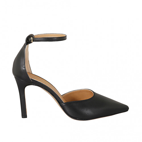 Woman's pointy open shoe with strap in black leather heel 8 - Available sizes:  42, 43