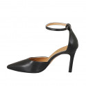 Woman's pointy open shoe with strap in black leather heel 8 - Available sizes:  42, 43