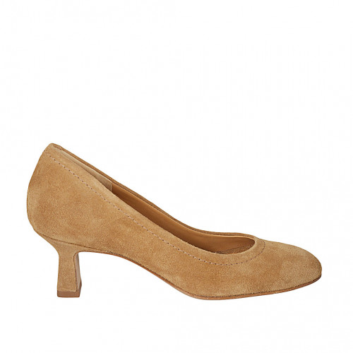 Zapato de salon con punta redonda para mujer en gamuza cognac tacon 5 - Tallas disponibles:  34, 42