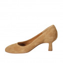 Woman's round-tip pump shoe in cognac brown suede heel 5 - Available sizes:  34, 42