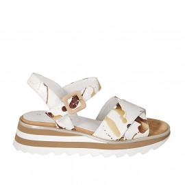 Woman's sandal in white and brown printed leather with strap wedge heel 4 - Available sizes:  45
