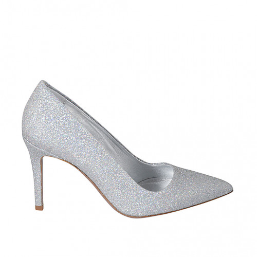 Decolté da donna in pelle glitterata argento con riflessi multicolor tacco 8 - Misure disponibili: 32, 33, 42, 43, 44