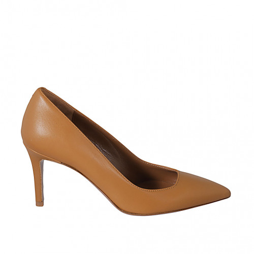 ﻿Zapato de salón a punta para mujer en piel cognac tacon 8 - Tallas disponibles:  32, 33, 34, 42, 43, 44