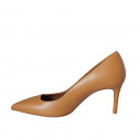 ﻿Zapato de salón a punta para mujer en piel cognac tacon 8 - Tallas disponibles:  32, 33, 34, 42, 43