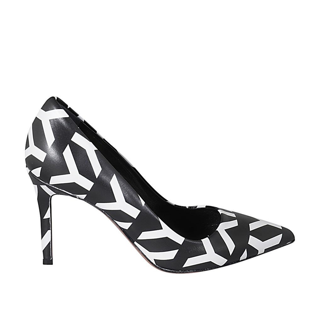 Escarpin bout pointu pour femmes en cuir noir et blanc talon 8