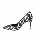 Woman's pointy pump in black and white leather heel 8 - Available sizes:  32, 33, 34, 42, 43