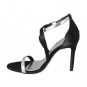 Woman's open shoe with crossed strap in black satin and silver leather heel 9 - Available sizes:  34, 42, 43, 44, 46