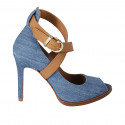 Woman's open shoe in blue denim fabric and cognac brown leather with crossed strap heel 10 - Available sizes:  33, 34, 42, 43
