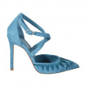 Woman's pointy open shoe with crossed strap in turquoise embroidered suede heel 10 - Available sizes:  32, 33, 34, 42, 43, 44, 45, 46