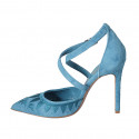 Woman's pointy open shoe with crossed strap in turquoise embroidered suede heel 10 - Available sizes:  32, 33, 34, 42, 43, 44, 45, 46
