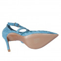 Woman's pointy open shoe with crossed strap in turquoise embroidered suede heel 10 - Available sizes:  32, 33, 34, 42, 43, 44, 45, 46