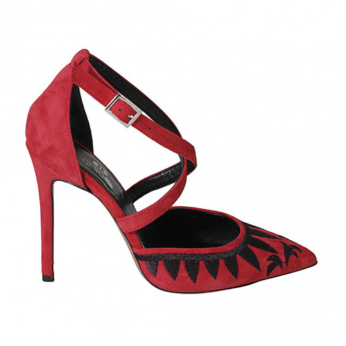 Woman's pointy open shoe with crossed strap in red and black embroidered suede heel 10 - Available sizes:  32, 33, 34, 42, 43, 44, 45, 46