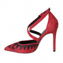 Woman's pointy open shoe with crossed strap in red and black embroidered suede heel 10 - Available sizes:  32, 33, 34, 42, 43, 44, 45, 46