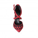 Chaussure ouverte à bout pointu pour femmes avec courroie croisée en daim brodé rouge et noir talon 10 - Pointures disponibles:  32, 33, 34, 42, 43, 44, 45, 46