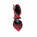 Woman's pointy open shoe with crossed strap in red and black embroidered suede heel 10 - Available sizes:  32, 33, 34, 42, 43, 45