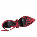 Woman's pointy open shoe with crossed strap in red and black embroidered suede heel 10 - Available sizes:  32, 33, 34, 42, 43, 45