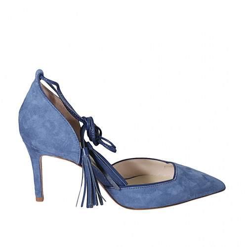 Woman's pointy open shoe with laces and tassels in bluegrey suede heel 7 - Available sizes:  42, 43, 46