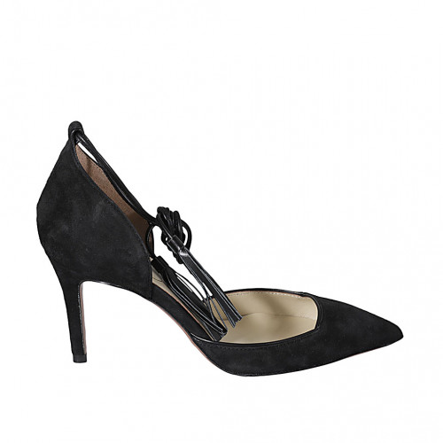 Woman's pointy open shoe with laces and tassels in black suede heel 7 - Available sizes:  32, 33, 34