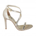 Woman's open shoe with crossed strap in platinum satin and leather heel 9 - Available sizes:  42, 43, 44, 45, 46