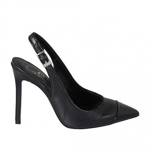 Woman's pointy slingback pump in black leather and patent leather heel 10 - Available sizes:  33, 34, 42, 43, 46