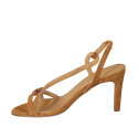 Woman's sandal with elastic band in cognac brown suede heel 8 - Available sizes:  42, 43, 44