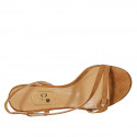 Woman's sandal with elastic band in cognac brown suede heel 8 - Available sizes:  42, 43, 44