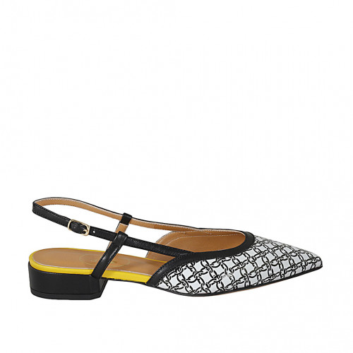 Woman's pointy slingback pump in white, black and yellow printed leather heel 3 - Available sizes:  46