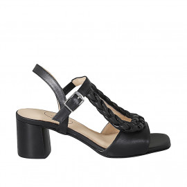 Sandale avec courroie et elastique pour femmes en cuir et cuir tressé noir talon 5 - Pointures disponibles:  32, 44