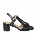 Sandale avec courroie et elastique pour femmes en cuir et cuir tressé noir talon 5 - Pointures disponibles:  32, 44