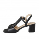 Woman's strap sandal with elastic in black leather and braided leather heel 5 - Available sizes:  32, 42, 43, 44, 45