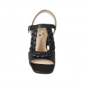 Woman's strap sandal with elastic in black leather and braided leather heel 5 - Available sizes:  32, 42, 43, 44, 45