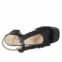 Sandalia con cinturon y elastico para mujer en piel y piel trensada negra tacon 5 - Tallas disponibles:  32, 42, 43, 44, 45