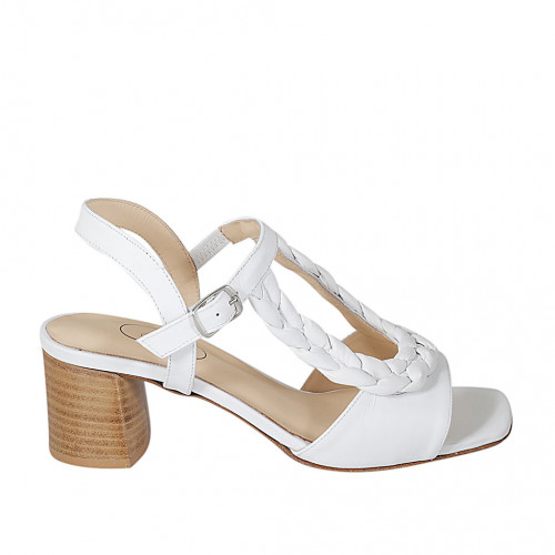 Sandalia con cinturon y elastico para mujer en piel y piel trensada blanca tacon 5 - Tallas disponibles:  32, 43, 44, 45, 46