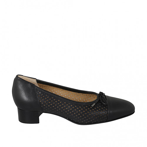 Zapato de salon con moño para mujer en piel y piel perforada negra tacon 3 - Tallas disponibles:  32