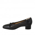 Zapato de salon con moño para mujer en piel y piel perforada negra tacon 3 - Tallas disponibles:  32, 43, 45, 46