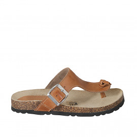 Woman's thong mules in cognac brown leather with buckle wedge heel 2 - Available sizes: 42