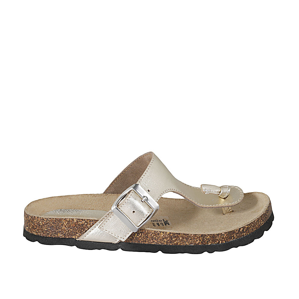 Woman's thong mules in platinum laminated leather with buckle wedge heel 2